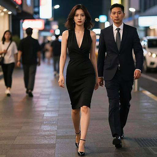 Photograph of an Asian couple walking at night on a city street, illuminated by bright neon signs. Woman in deep V-neck black dress, high heels