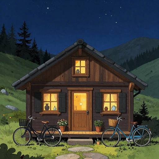 Cozy Mountain Cabin with Vintage Bicycles at Night