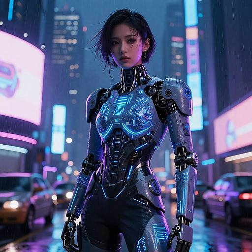 CGI image of a futuristic, cybernetic Asian woman with short black hair, glowing blue circuitry, standing in a neon-lit, rainy