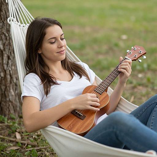 Photograph of a young woman with long brown hair, wearing a white t-shirt and blue jeans, playing a small wooden ukulele in a white