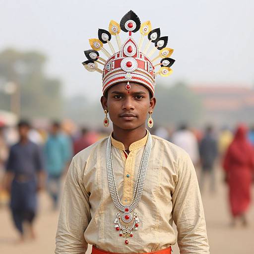 Photograph of a young African man with dark skin, wearing a white and red adorned headdress, cream shirt, and beaded necklace, standing in