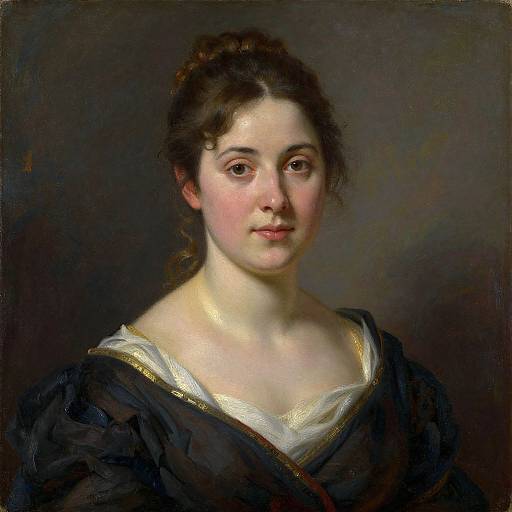 Photorealistic oil painting of a young Caucasian woman with fair skin, brown hair in a bun, wearing a black dress with white and gold trim,