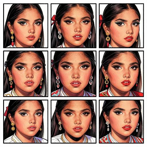 Digital portrait collage of an Asian woman with long black hair, red lipstick, and gold earrings, showing multiple expressions.