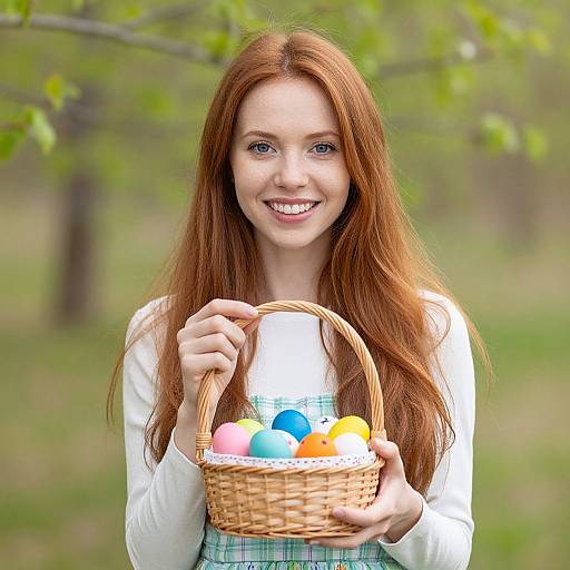 Photograph of smiling red-haired woman with fair skin, holding a wicker basket of colorful Easter eggs, outdoors in a green, tree-lined field.