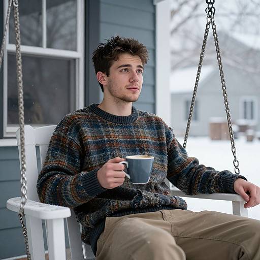 Photograph of a young man with short brown hair, wearing a plaid sweater and beige pants, sitting on a white porch swing, holding a blue