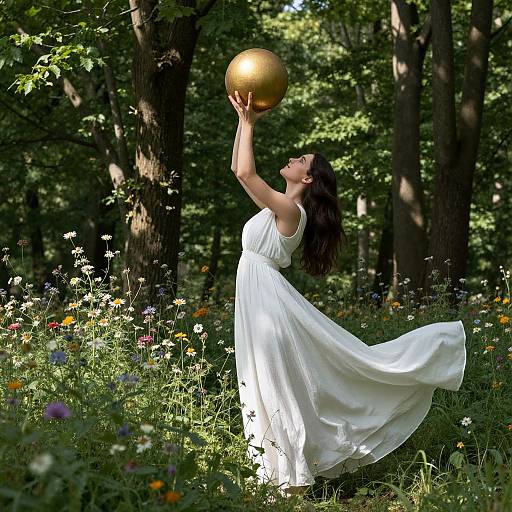 Graceful Woman with Golden Sphere in Forest