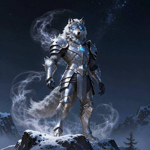 Digital artwork of a glowing blue-eyed wolf warrior in silver armor standing on snowy mountain peak under starry night sky.