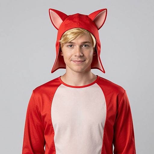 Photograph of a young blonde man with fair skin, wearing a red fox-themed hat and red and white raglan shirt, smiling against a light blue