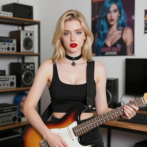 Blonde Woman Playing Electric Guitar Indoors