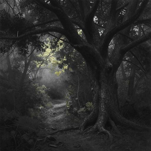 Charcoal Ancient Tree in Misty Forest