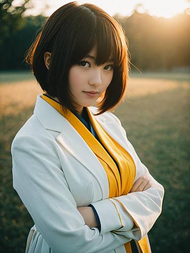 Photograph of an East Asian woman with short brown hair, wearing a white and yellow kimono, standing outdoors with arms crossed, sunlight in the background