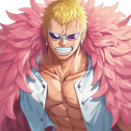 Illustration of Donquixote doflamingo, one piece in the style of Michairu