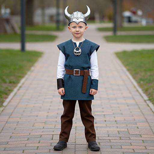 Photograph of a young boy standing on a brick path, wearing a Viking helmet, dark blue vest, white shirt, brown pants, and black shoes