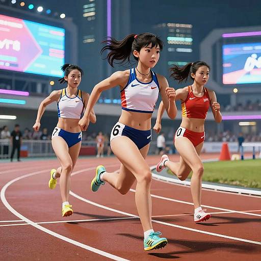 Digital illustration of three Asian women runners in colorful sports outfits, racing on a nighttime track with city lights and blurred crowd in the background.