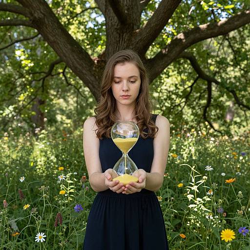 Young woman with long brown hair, wearing a black sleeveless dress, holding a glass hourglass with yellow liquid, standing in a sunlit meadow