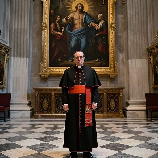 Photograph of a Catholic priest in black robes with red sash, standing before a large, ornate painting of Jesus in a church with checkered