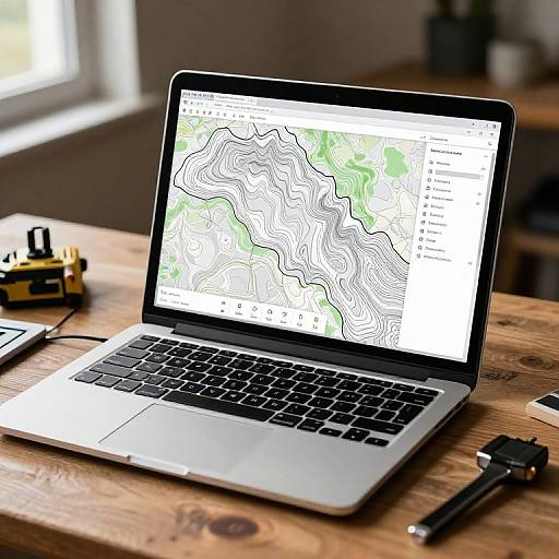 Photograph of a silver laptop on a wooden table displaying a detailed topographic map, with a yellow GPS device and a black pen nearby. Bright daylight