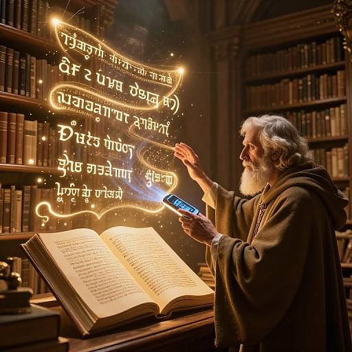 Photograph of an elderly bearded man in a brown robe, holding a glowing tablet, conjuring magical golden Sanskrit text over an open book in
