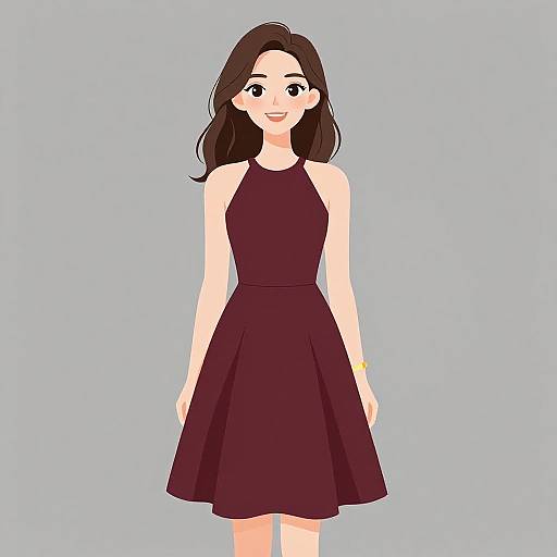 Digital illustration of a smiling woman with light skin, brown hair, wearing a sleeveless, dark purple, knee-length dress, against a light blue background