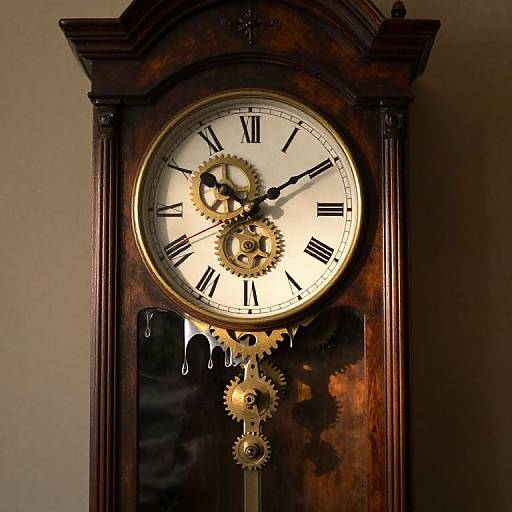 Photograph of a vintage wooden grandfather clock with a white face, black Roman numerals, exposed brass gears, and dripping black paint.