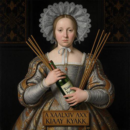 Renaissance portrait of a young woman in a detailed, silver-gray dress with lace headdress, holding a bottle of 