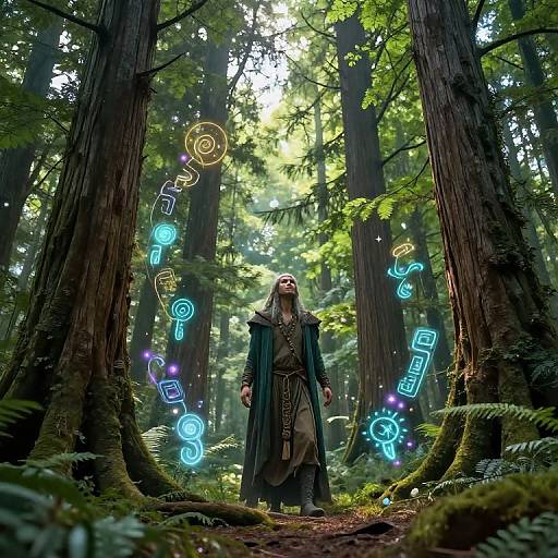 Magical forest scene: tall, hooded wizard with long beard stands amidst glowing blue and yellow runes, surrounded by towering redwoods and lush greenery