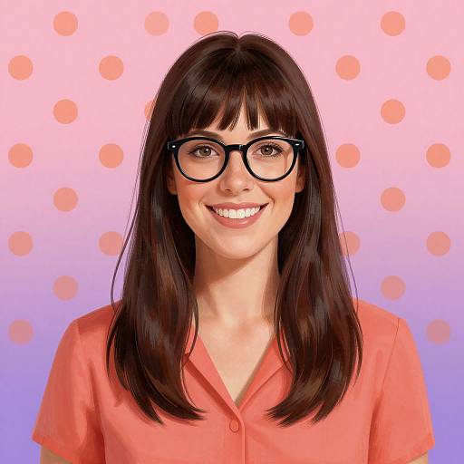 Photorealistic digital portrait of a smiling woman with straight black hair, black glasses, and a coral pink shirt, against a pink and purple polka