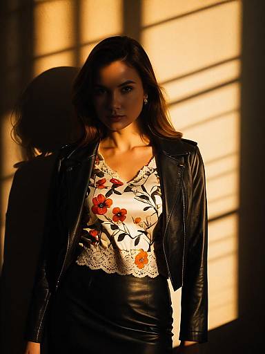 Woman in Leather Jacket with Floral Top