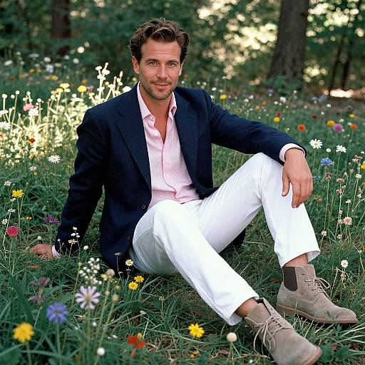 Photograph of a handsome man with short brown hair, wearing a navy blazer, pink shirt, white pants, and beige boots, sitting in a