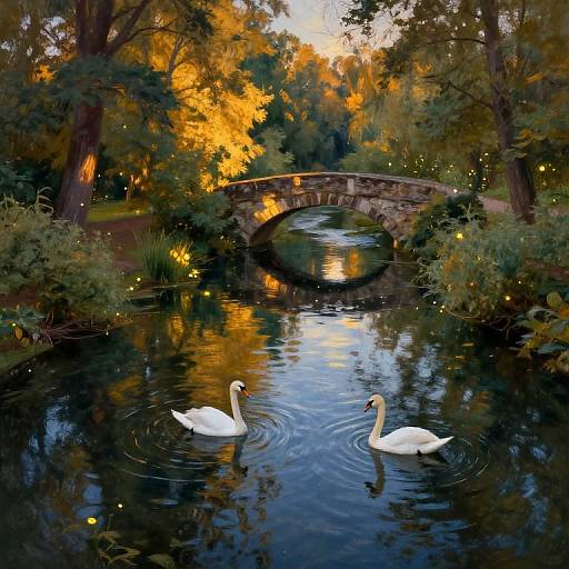 Photograph of two swans gliding on a reflective pond with a stone bridge, surrounded by autumnal trees and twinkling lights.