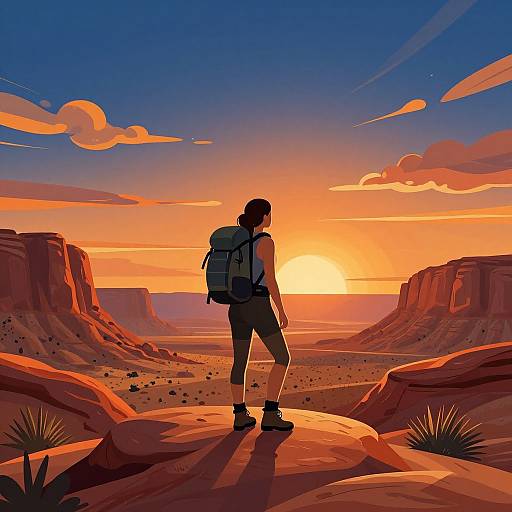 Silhouetted hiker with backpack stands on desert rock at sunset, surrounded by red mesas, orange sky, and scattered clouds. Digital artwork