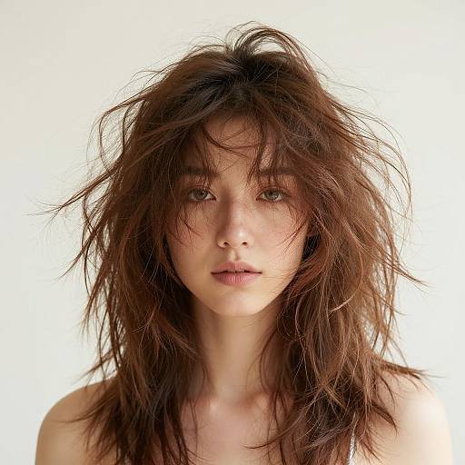 Photograph of a young woman with messy, disheveled brown hair, pale skin, and neutral expression, set against a stark white background.