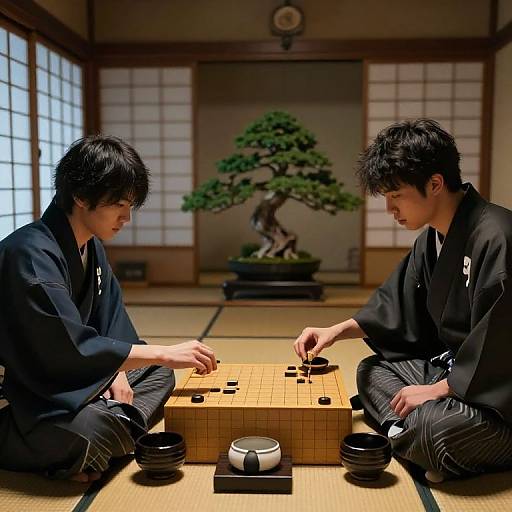Two Asian men in black kimonos play Go on a wooden board in a traditional Japanese room with a bonsai tree.