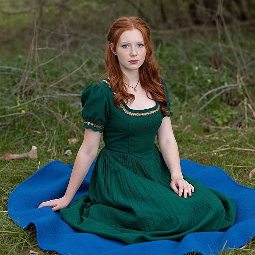 Photograph of a fair-skinned, red-haired woman with green eyes, wearing a dark green dress, seated on a blue blanket in a grassy