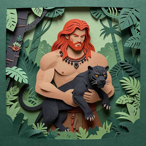 Digital illustration of a muscular, red-haired man with a beard, holding a black panther in a lush jungle setting. He wears a beaded necklace