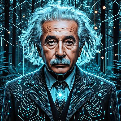 Cybernetic Albert Einstein in Bioluminescent Forest