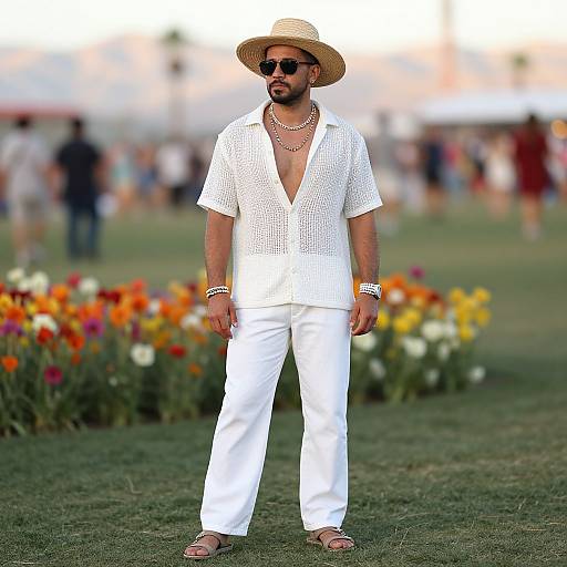 Photograph of a bearded man in white crochet shirt and pants, straw hat, sunglasses, layered necklaces, and sandals, standing in a colorful