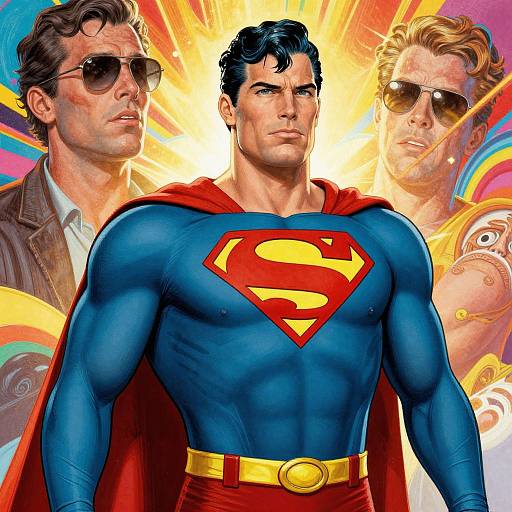 Digital artwork of muscular Superman with red cape and blue suit, flanked by two men in sunglasses, vibrant background.