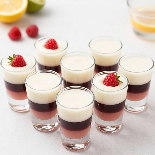 Photograph of eight glass shots with layered white, dark brown, and pink liquid, topped with fresh red raspberries, on a white surface. Background