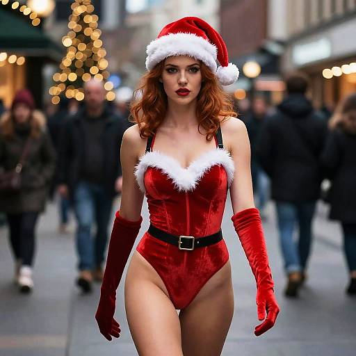 Photograph of a red-haired woman in a red velvet Santa bodysuit, white fur trim, red gloves, and Santa hat, walking confidently in