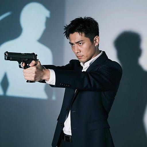 Man in Suit Holding Handgun with Intense Expression