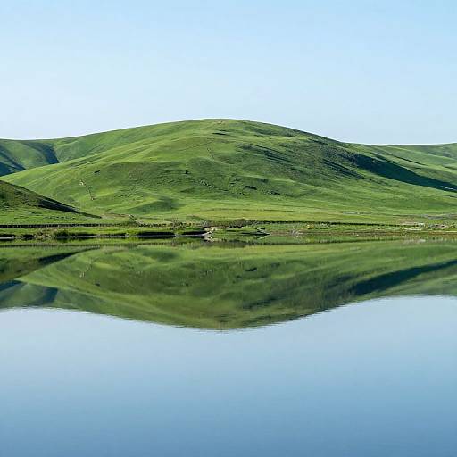 Photograph of a serene landscape featuring a green hill reflected in a calm, mirrored lake under a clear, blue sky.