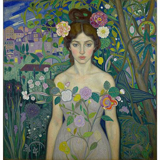 Post-impressionist painting of a young woman with fair skin and brown hair, adorned with flowers, standing in a vibrant, floral garden with a city