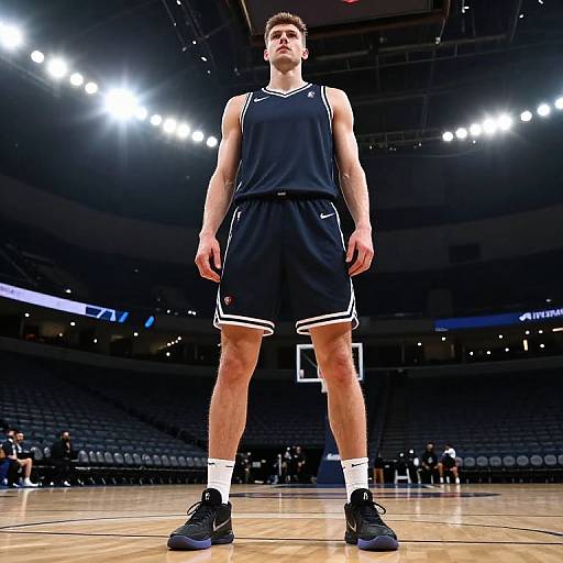 Photograph of a young male basketball player in a black uniform, standing confidently on a brightly lit basketball court.