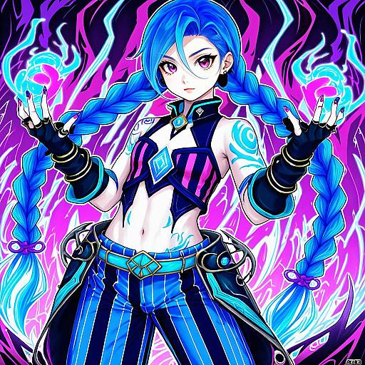 Illustration of Arcane jinx, league of legends in the style of Zurikishi