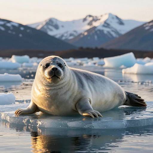 Photograph of a grey seal lying on a floating ice chunk in a snowy, mountainous Arctic landscape at sunset.
