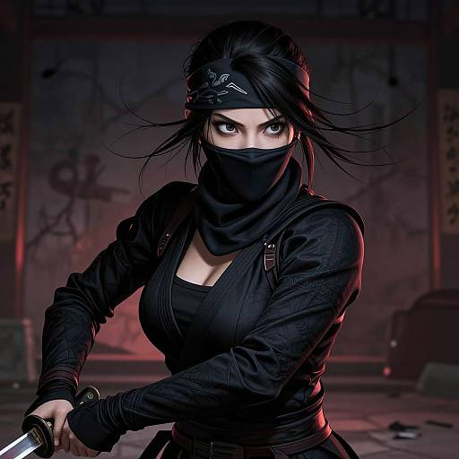 Digital artwork of a fierce, dark-haired ninja woman with intense eyes, black mask, and outfit, gripping a knife in a dimly lit, graffiti
