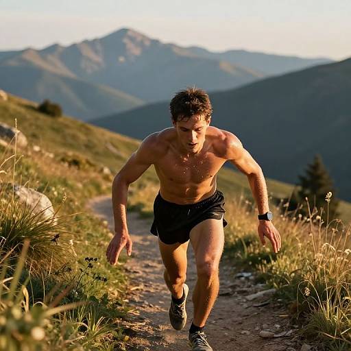 Muscular shirtless man with dark curly hair runs on mountain trail in black shorts, sunlight highlights muscles, mountains in background.