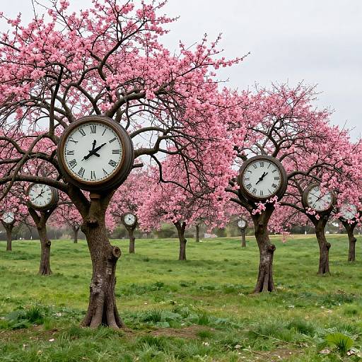 Photograph of a grassy field with six cherry blossom trees, each with a round, black clock face showing different times, surrounded by vibrant pink flowers