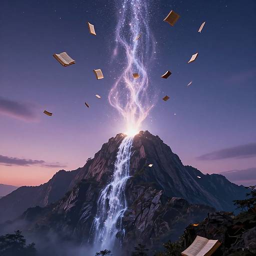 Digital artwork: luminous blue-white waterfall cascades down a mountain peak, surrounded by floating open books, under a twilight sky.